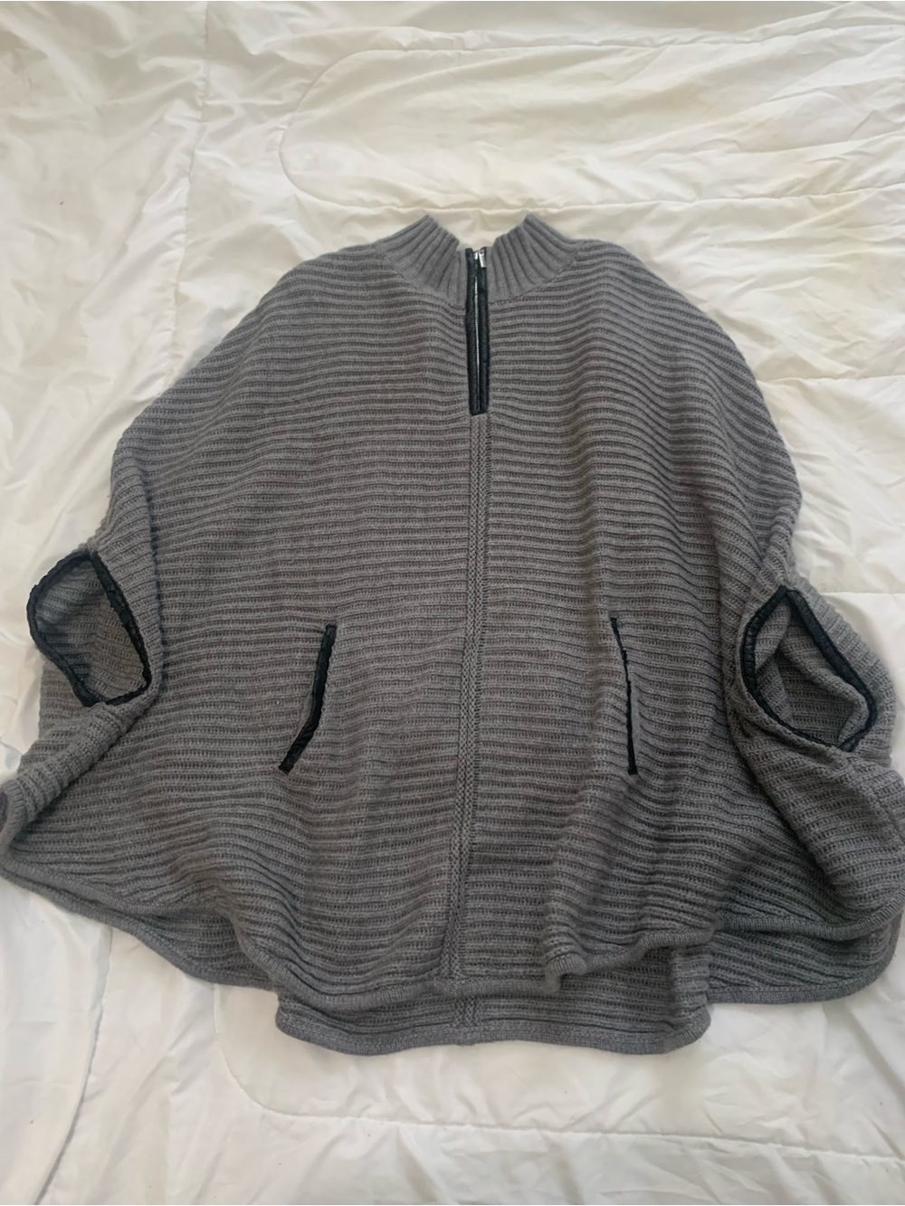 Gray Zip-Front Ribbed Women's Cape Sweater